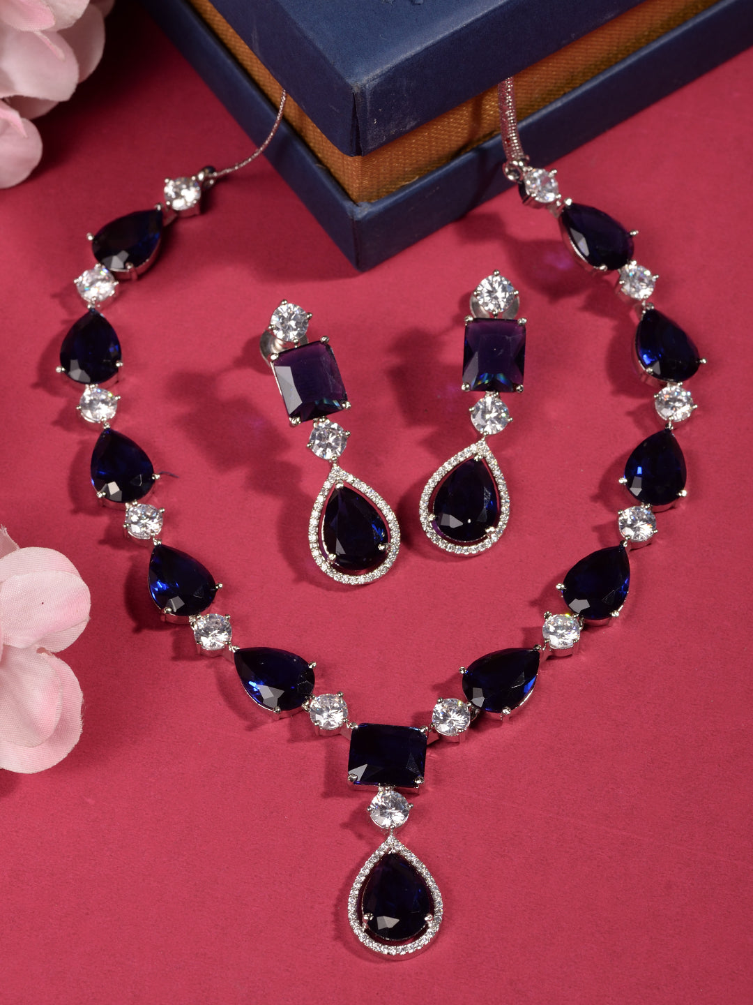 Silver Toned Blue AD studfded designer Necklace Jewellery Set, zaveri pearls, sale price rs, sale price, sale gold plated, sale gold, sale, rubans, ring, regular price, priyassi jewellery, ku